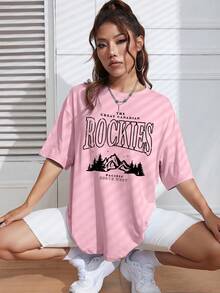 SHEIN EZwear 山與標語圖案落肩T恤 - 粉色 - 查看 5