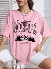 SHEIN EZwear 山與標語圖案落肩T恤 - 粉色 - 查看 6