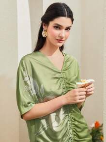 Al Najma Floral Print Drawstring Ruched Dress Kaftan Jalabiya Dress - Olive Green - View 6