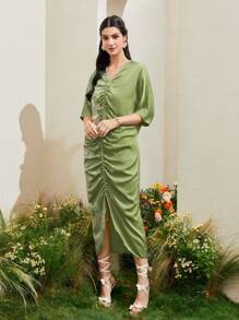 Al Najma Floral Print Drawstring Ruched Dress Kaftan Jalabiya Dress - Olive Green - View 7