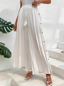 SHEIN LUNE Quần nữ Nút Dây kéo mép Túi màu trơn Giải trí - trắng - Xem 1