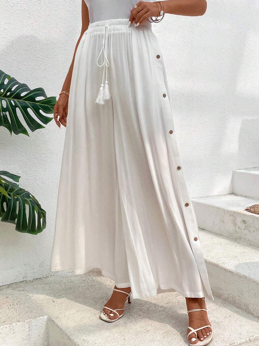 SHEIN LUNE Quần nữ Nút Dây kéo mép Túi màu trơn Giải trí - trắng - Xem 1