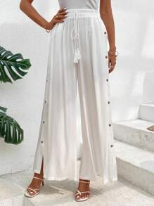 SHEIN LUNE Quần nữ Nút Dây kéo mép Túi màu trơn Giải trí - trắng - Xem 3