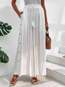 SHEIN LUNE Quần nữ Nút Dây kéo mép Túi màu trơn Giải trí - trắng - Xem 4