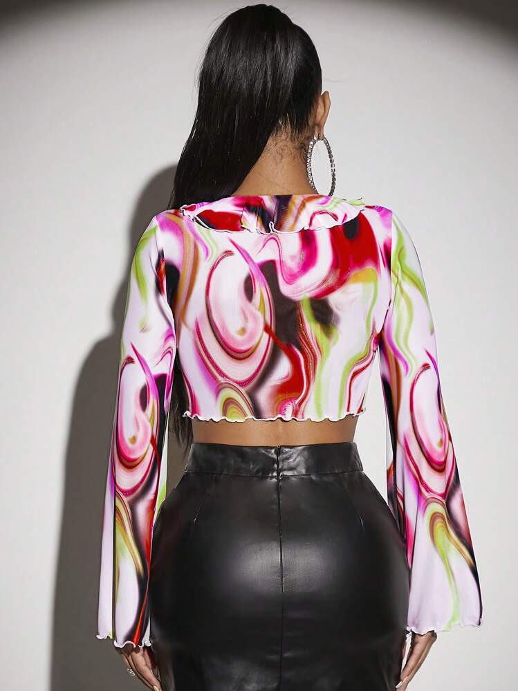 SHEIN SXY オールオーバープリント レースアップフロント トランペットスリーブ トップス - マルチカラー - 見る 2