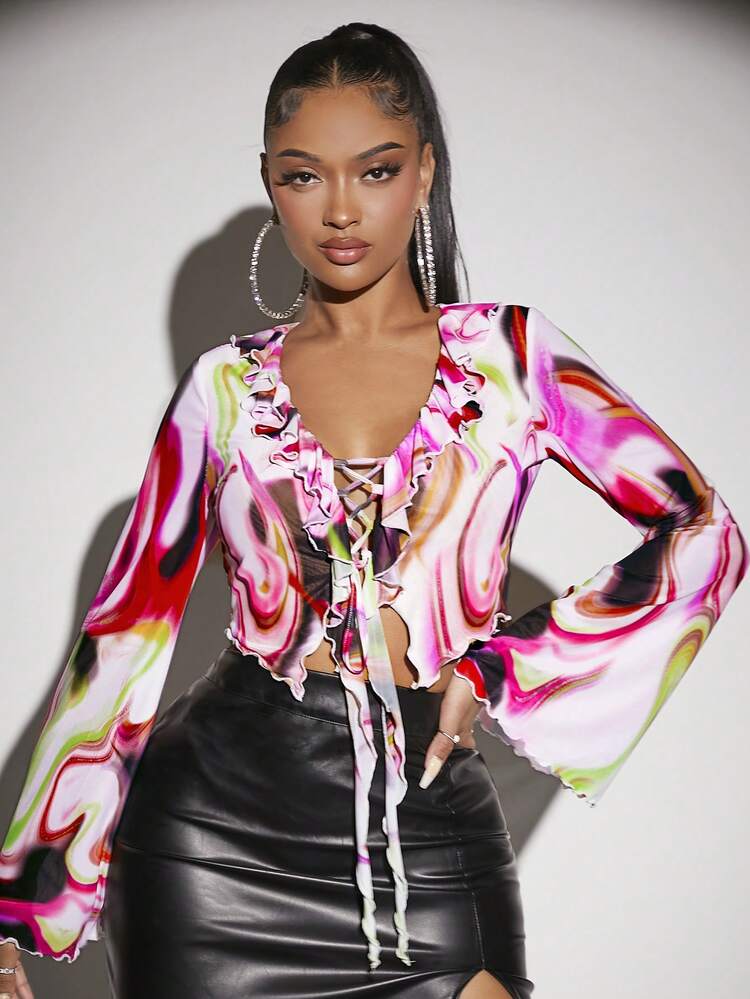 SHEIN SXY オールオーバープリント レースアップフロント トランペットスリーブ トップス - マルチカラー - 見る 3