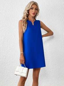 SHEIN Clasi Solid Notched Neckline Tank Dress - Royal Blue - View 4