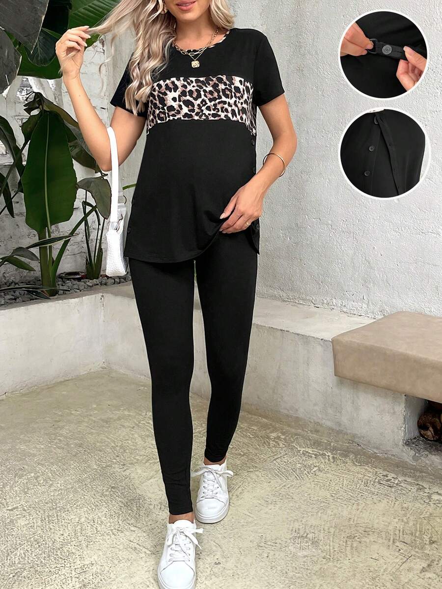 SHEIN Maternity Leopard Print Tee & Adjustable Waist Leggings - Black - View 1