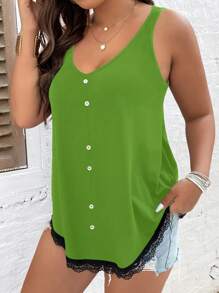 SHEIN LUNE 大碼蕾絲拼接前紐扣背心上衣 - 綠色 - 查看 1