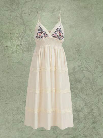 Floral Embroidery Contrast Lace Cami Dress