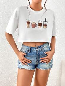 SHEIN EZwear Áo thun nữ Hoạt hình Giải trí - trắng - Xem 3