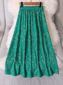 SHEIN LUNE 大碼碎花彈性腰帶半身裙 - 綠色 - 查看 1