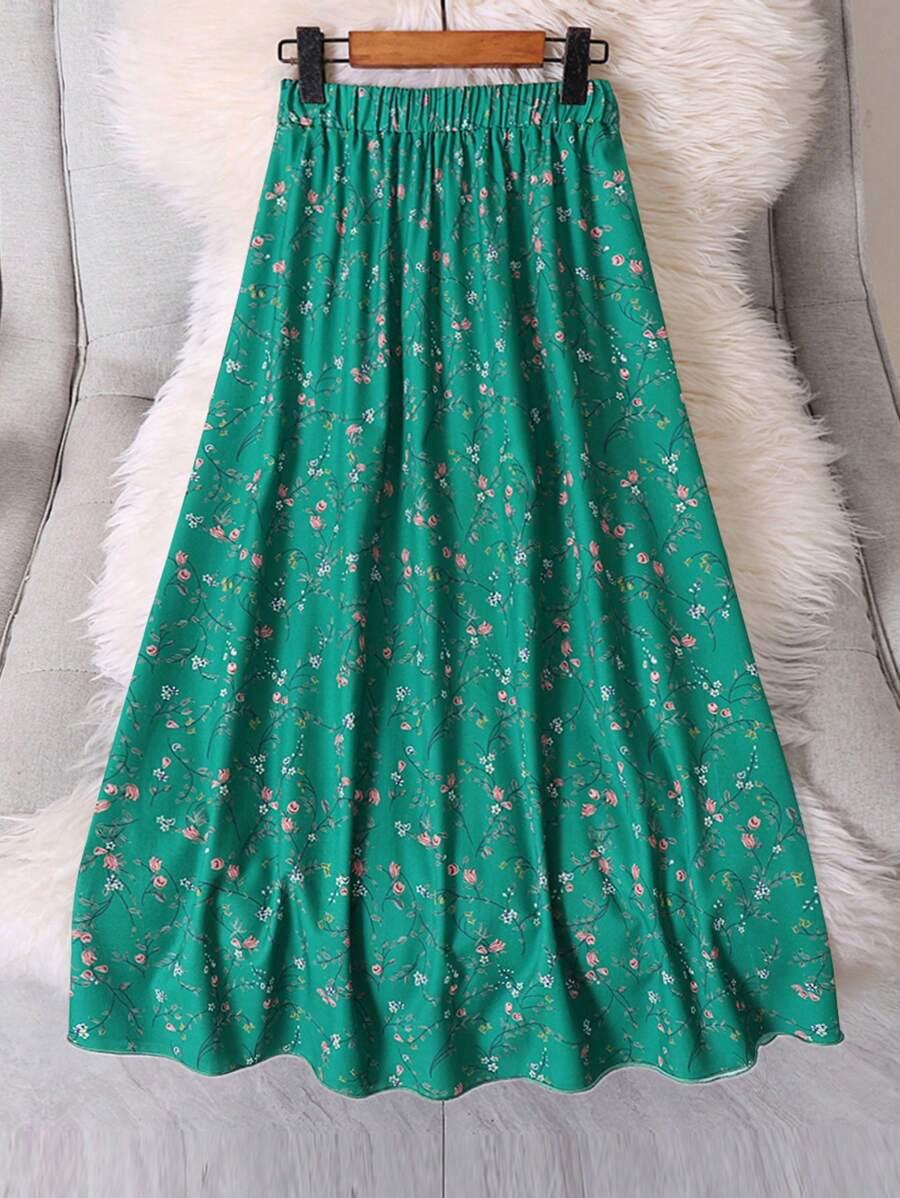 SHEIN LUNE 大碼碎花彈性腰帶半身裙 - 綠色 - 查看 1