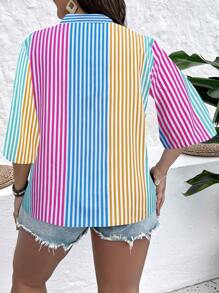 SHEIN Clasi 大碼條紋印花捲邊袖四分之一無紐扣開襟襯衫 - 彩色 - 查看 2