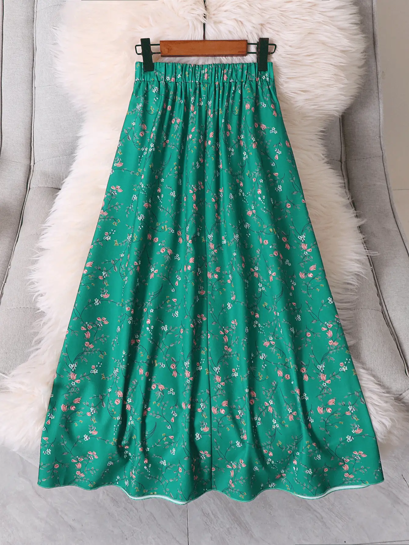 SHEIN LUNE 大碼碎花彈性腰帶半身裙 - 綠色 - 查看 2