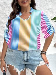 SHEIN Clasi 大碼條紋印花捲邊袖四分之一無紐扣開襟襯衫 - 彩色 - 查看 3