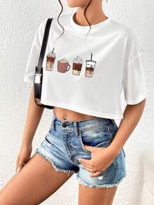 SHEIN EZwear Áo thun nữ Hoạt hình Giải trí - trắng - Xem 5