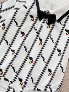 Yierying 男嬰條紋印花前蝴蝶結連體衣和背帶褲 - 黑與白 - 查看 3