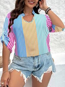 SHEIN Clasi 大碼條紋印花捲邊袖四分之一無紐扣開襟襯衫 - 彩色 - 查看 4