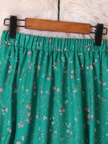 SHEIN LUNE 大碼碎花彈性腰帶半身裙 - 綠色 - 查看 5