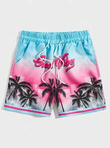 ROMWE MEN Casual Men Coconut Tree & Letter Graphic Drawstring Waist Shorts, School