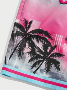 ROMWE MEN Casual Men Coconut Tree & Letter Graphic Drawstring Waist Shorts, School