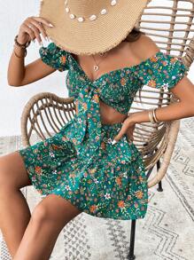 SHEIN VCAY Bộ đồ hai mảnh nữ viền lá sen Viên lá sen Dải chun Thắt nơ trước Hoa Tất cả trên in Boho - Nhiều màu - Xem 3