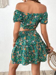 SHEIN VCAY Bộ đồ hai mảnh nữ viền lá sen Viên lá sen Dải chun Thắt nơ trước Hoa Tất cả trên in Boho - Nhiều màu - Xem 2