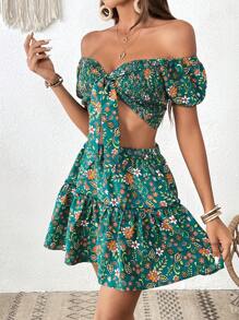 SHEIN VCAY Bộ đồ hai mảnh nữ viền lá sen Viên lá sen Dải chun Thắt nơ trước Hoa Tất cả trên in Boho - Nhiều màu - Xem 4