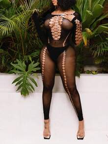 Hollow Out Fishnet Mesh Unitard Jumpsuit Without Panty - Black - View 1