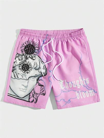 Street Life Guys Figure & Letter Graphic Drawstring Waist Shorts