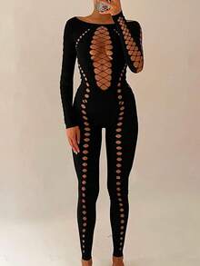 Hollow Out Fishnet Mesh Unitard Jumpsuit Without Panty - Black - View 3