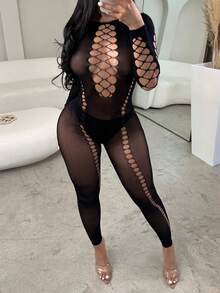 Hollow Out Fishnet Mesh Unitard Jumpsuit Without Panty - Black - View 4