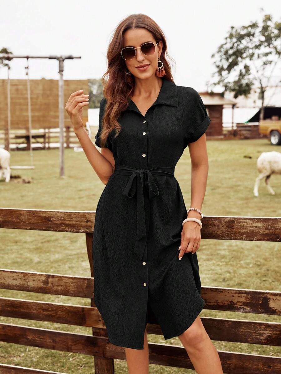 EMERY ROSE Solid Button Front Belted Shirt Dress,Business Casual Woman - Black - View 1