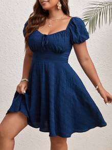 SHEIN VCAY Plus Sweetheart Neck Puff Sleeve Knot Front Dress,Graduation Dress