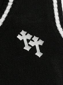 ROMWE MEN Academia 男士十字刺绣撞色绑带毛衣背心，适合万圣节、学校 - 黑色 - 查看 3