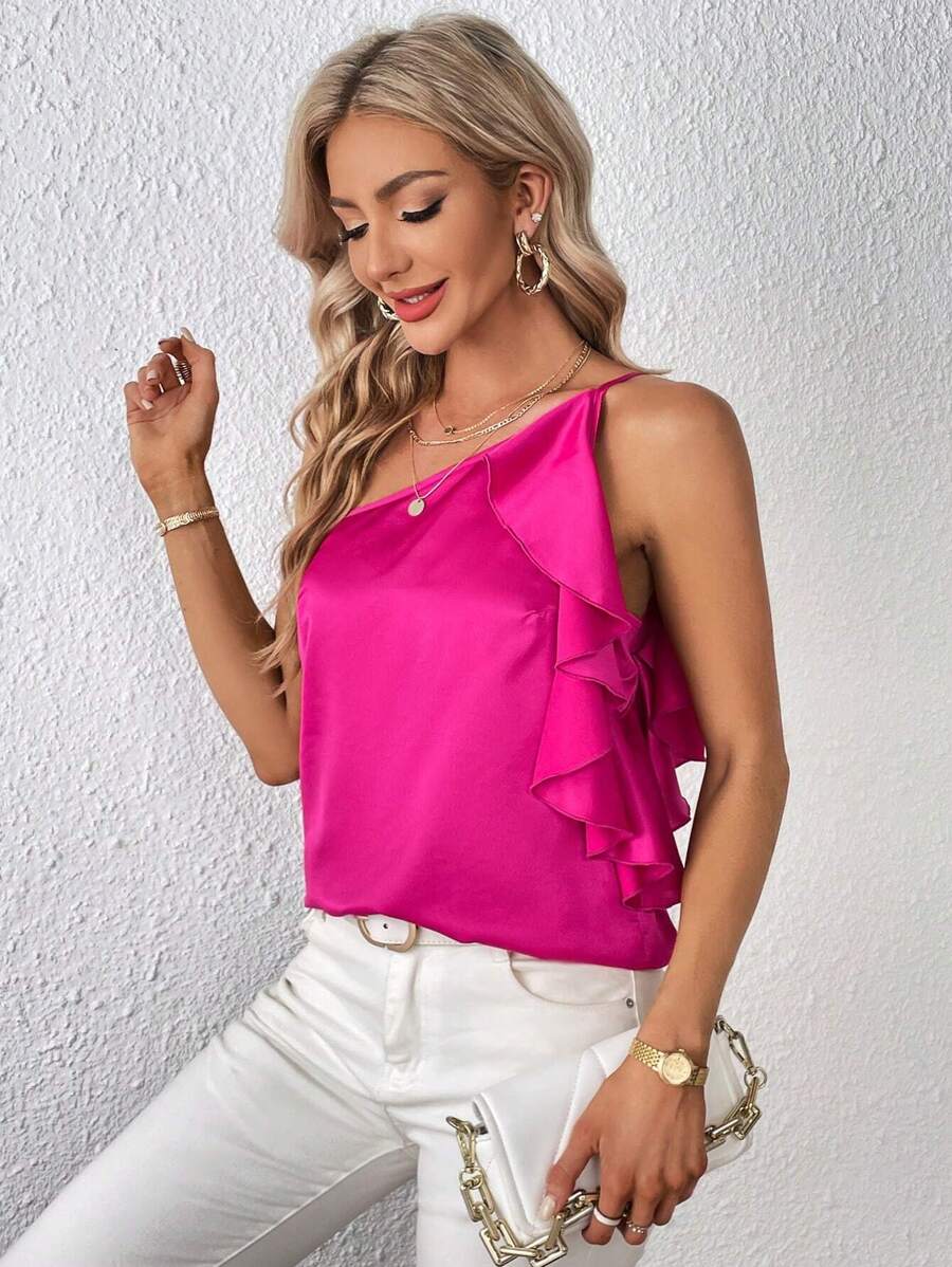 SHEIN Privé One Shoulder Ruffle Trim Satin Blouse | SHEIN USA