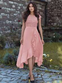 MIUSOL V Neck Floral Lace Ruffle Trim Chiffon Evening Party Formal Long Dress, Elegant Party Dress For Women, For Wedding Guest, Graduation, Dinner - Pink - View 2