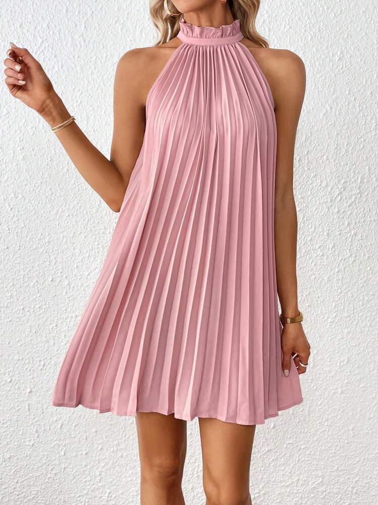 SHEIN Privé เดรส ตัดแต่งจีบ รายละเอียด จีบ คล้องคอ - สีเบบี้ชมพู - ดู 1