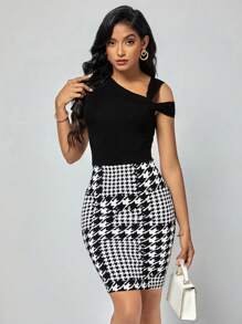 SHEIN Clasi Houndstooth Print Asymmetrical Neck Bodycon Dress