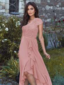 MIUSOL V Neck Floral Lace Ruffle Trim Chiffon Evening Party Formal Long Dress, Elegant Party Dress For Women, For Wedding Guest, Graduation, Dinner - Pink - View 4