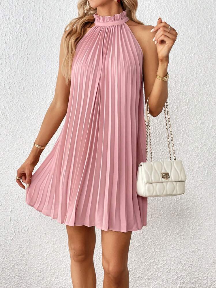 SHEIN Privé เดรส ตัดแต่งจีบ รายละเอียด จีบ คล้องคอ - สีเบบี้ชมพู - ดู 5