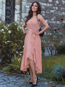 MIUSOL V Neck Floral Lace Ruffle Trim Chiffon Evening Party Formal Long Dress, Elegant Party Dress For Women, For Wedding Guest, Graduation, Dinner - Pink - View 7