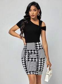 SHEIN Clasi Houndstooth Print Asymmetrical Neck Bodycon Dress