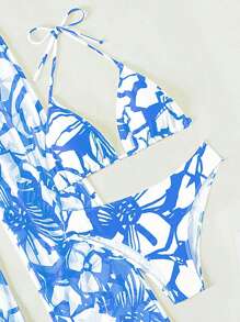 Allover Print Halter Triangle Bikini Set For Summer With Beach Pants - Blue and White - View 5