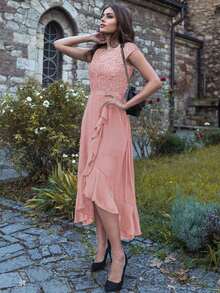 MIUSOL V Neck Floral Lace Ruffle Trim Chiffon Evening Party Formal Long Dress, Elegant Party Dress For Women, For Wedding Guest, Graduation, Dinner - Pink - View 8