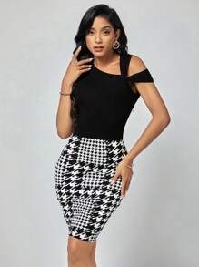SHEIN Clasi Houndstooth Print Asymmetrical Neck Bodycon Dress