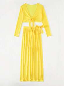 SHEIN Swim Summer Beach Knot Front Cover Up Set - Yellow - View 3