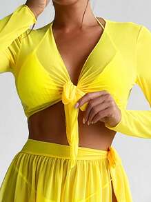 SHEIN Swim Summer Beach Knot Front Cover Up Set - Yellow - View 5
