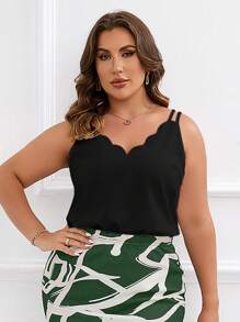 SHEIN LUNE Áo hai dây Plus Size Sò điệp màu trơn Giải trí - màu đen - Xem 6